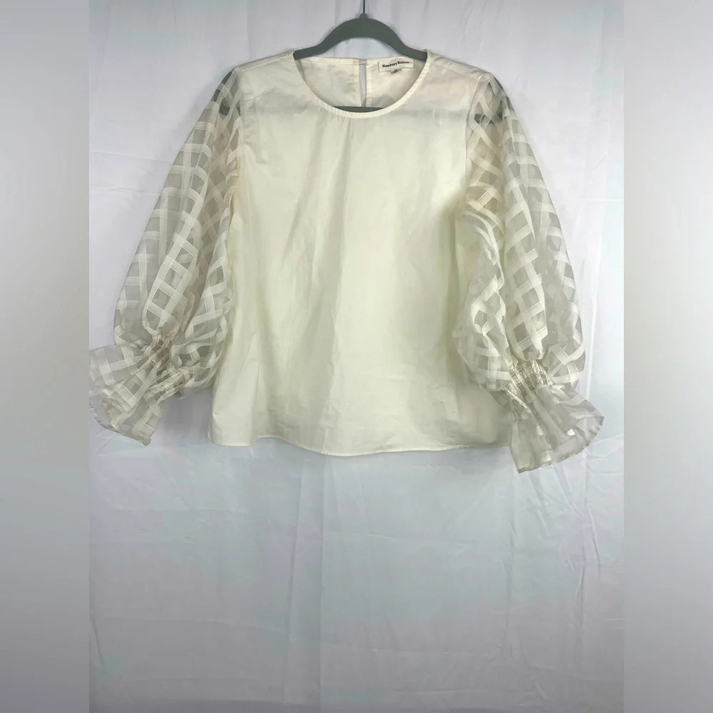 Newbury Kustom Shirt Women Sz M White Cotton Balloon Sheer Sleeve Peasant Blouse